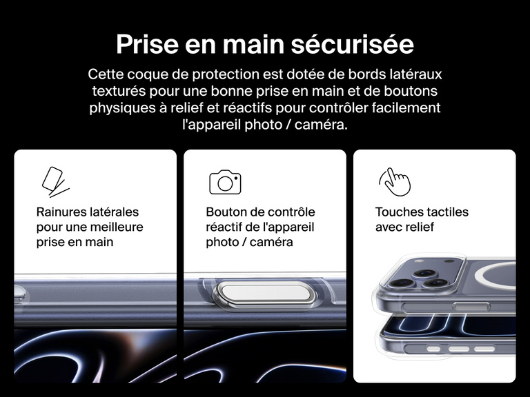 Belkin SheerForce Clear Series Case for iPhone 17 with grooved edges, tactile molded controls, and touch-sensitive camera button for secure grip and seamless control.