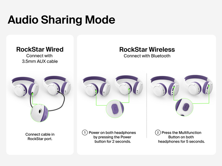 SoundForm Mini 2 Wireless On-Ear Headphones for Kids Audio Sharing Mode setup diagram showing RockStar Wired connection via 3.5mm AUX cable into the RockStar port, and RockStar Wireless pairing using the Power and Multifunction buttons on both headphones