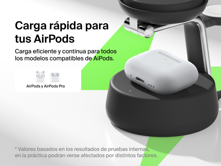 La estación de carga magnética de carga 3 en 1 con Qi2 25W Belkin UltraCharge Pro ofrece una carga inalámbrica rápida y eficiente para cualquier modelo compatible de AirPods y AirPods Pro.