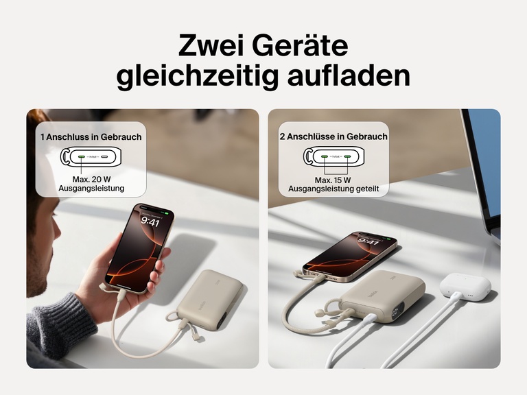 Visueller Vergleich der Belkin BoostCharge Powerbank 10K mit Display, die ein Gerät mit 20 W oder zwei Geräte gleichzeitig mit 15 W (geteilt) auflädt. Es wird gezeigt, wie ein Smartphone und ein kabelloser In-Ear-Kopfhörer auf einem Tisch aufgeladen werden.