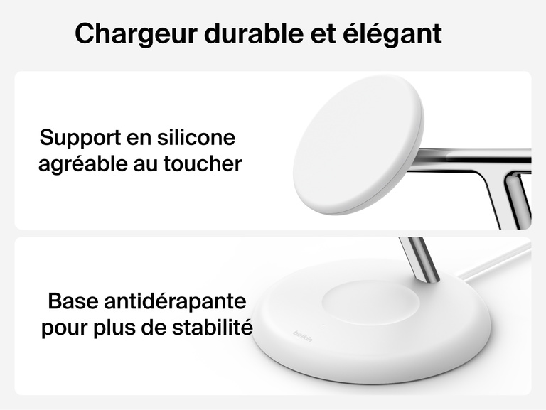 Belkin UltraCharge 3-in-1 Wireless Charging Stand with Qi2 25W highlighting soft-touch adjustable magnetic mount and stable non-slip base for durable everyday use