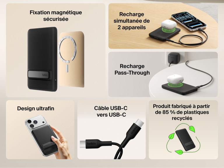 Belkin BoostCharge Slim Magnetic Power Bank 5K with Qi2 shown highlighting secure magnetic attachment, ultra-slim design, dual-device charging, USB-C connectivity, pass-through charging, and sustainability features.