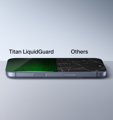 Side view of a smartphone screen comparison showing Titan LiquidGuard protection with an intact green patterned surface versus a cracked screen labeled &ldquo;Others.&rdquo;