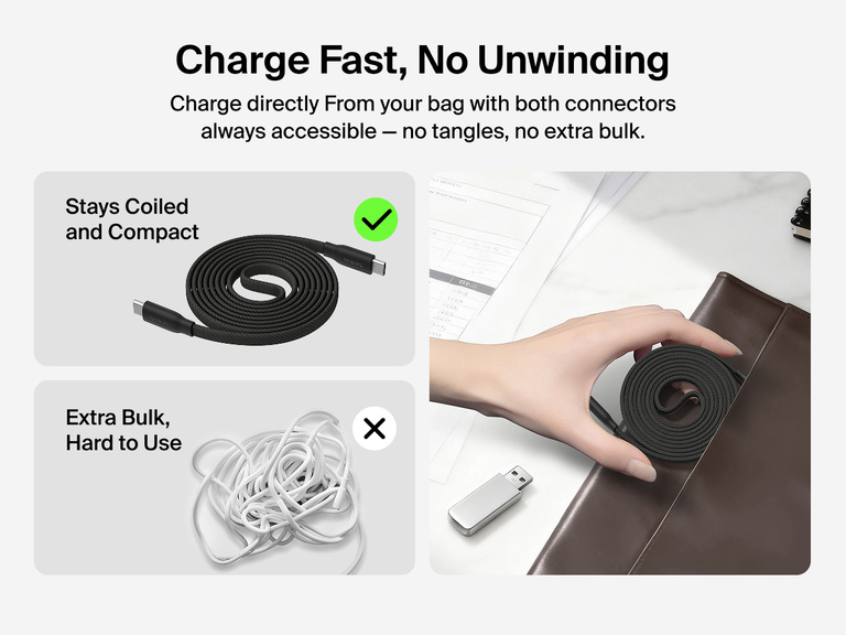 Belkin BoostCharge Pro Magnetic USB-C Cable 240W stays coiled and compact for tangle-free charging, allowing easy access and fast power without unwinding.