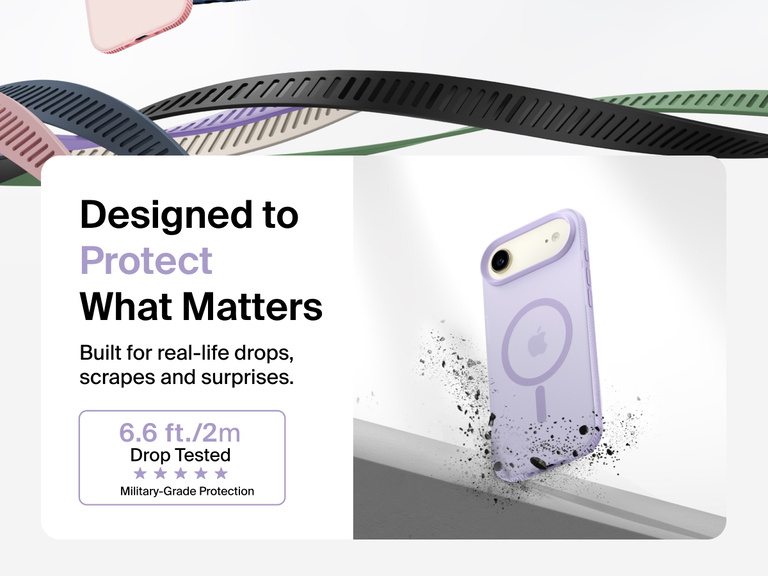 Belkin SheerForce Grip Series Case for iPhone 17 shown with textured grip and impact protection against drops.