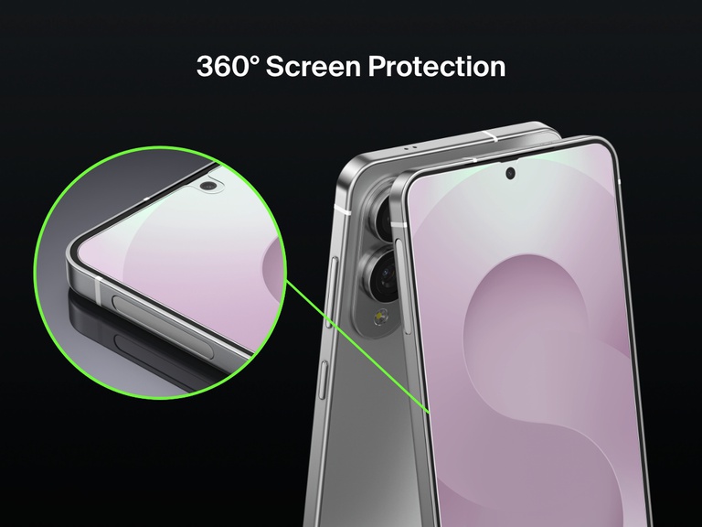 Close-up view of a Samsung Galaxy S25 Edge with a screen protector applied, showcasing full 360° screen protection with a magnified detail.