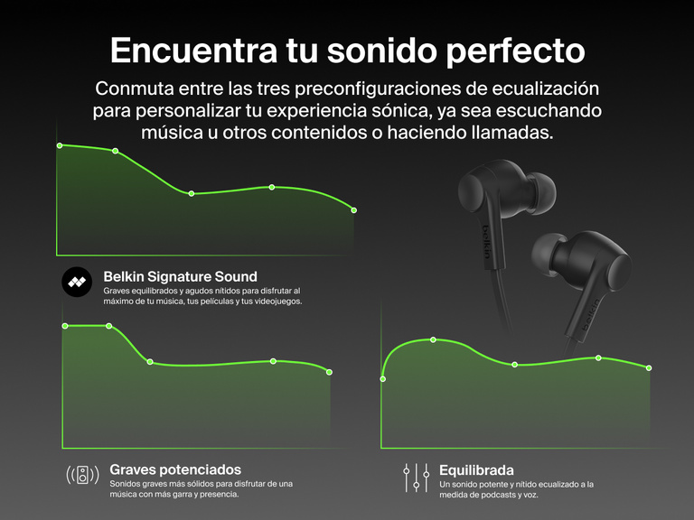 Belkin SoundForm ANC Wired Earbuds with USB-C® offer customizable EQ presets including Signature Sound, Balanced, and Bass Boost for a personalized listening experience.