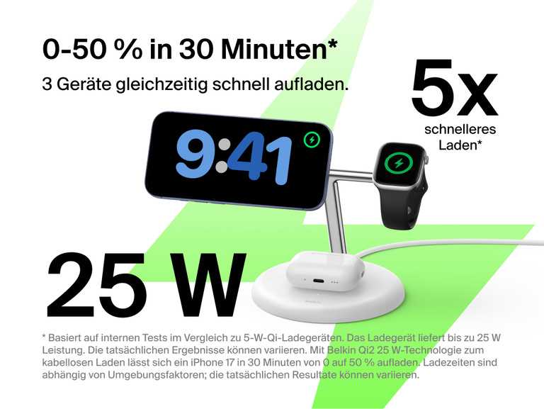 Belkin UltraCharge 3-in-1 Wireless Charging Stand with Qi2 25W charging iPhone, Apple Watch, and AirPods simultaneously on a compact vertical dock