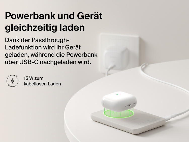 Belkin BoostCharge Slim Magnetic Power Bank 5K with Qi2 demonstrating pass-through charging, wirelessly powering a device while the power bank recharges via USB-C.