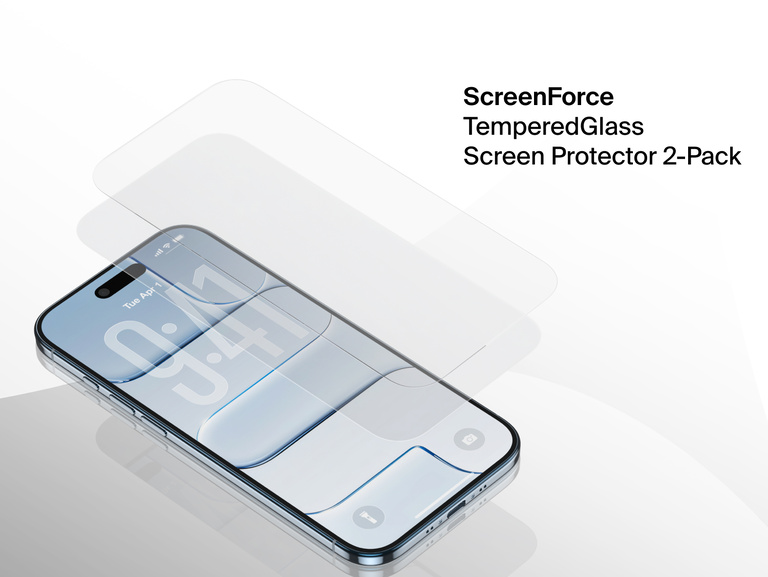 Belkin ScreenForce TemperedGlass Screen Protector 2-Pack shown on iPhone, delivering durable scratch and impact protection with crystal-clear display clarity.