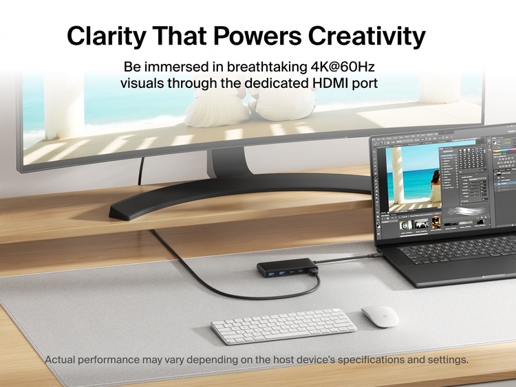Belkin Connect 7-Port USB-C Hub with Dual USB-C Ports connected to a laptop and monitor delivering 4K@60Hz visuals via HDMI.