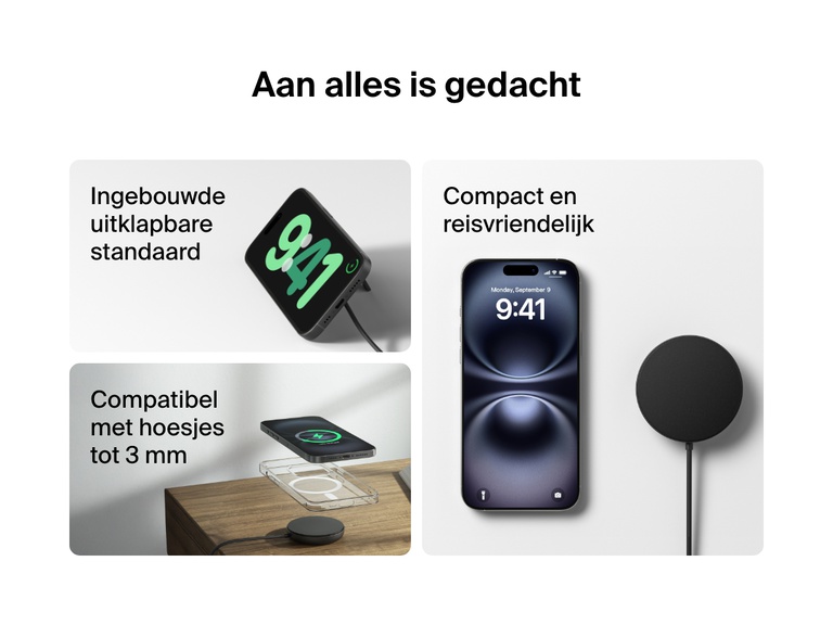 Verschillende eigenschappen van een zwart Belkin BoostCharge Pro magnetisch draadloos laadstation met Qi2 (15 W) worden uitgelicht: de uitklapbare standaard, de compacte, reisvriendelijke vormgeving en compatibiliteit met iPhone-hoesjes tot 3 mm dik.