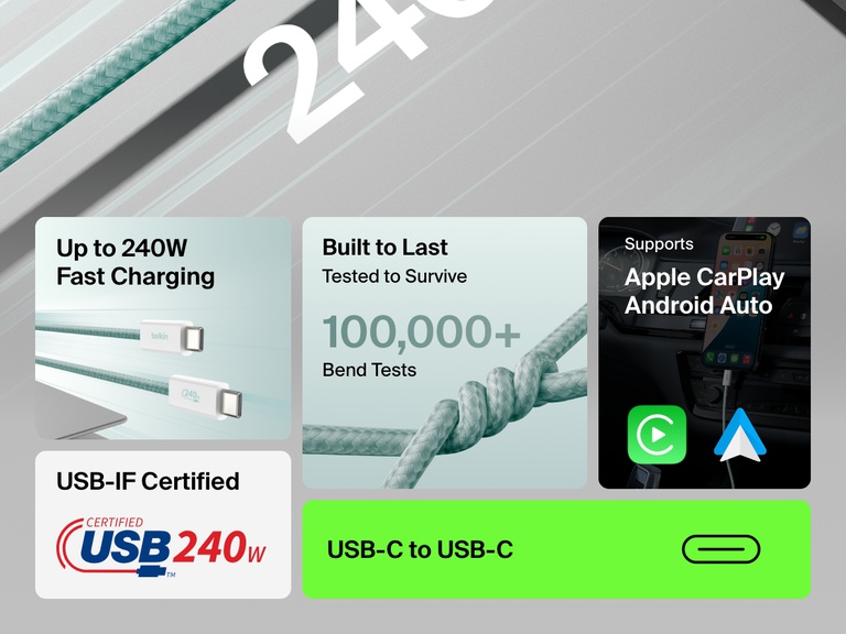 Infographic highlighting the Belkin BoostCharge USB-C to USB-C Cable 240W with up to 240W fast charging, 25,000+ bend durability, Apple CarPlay and Android Auto support, and USB-IF certification.