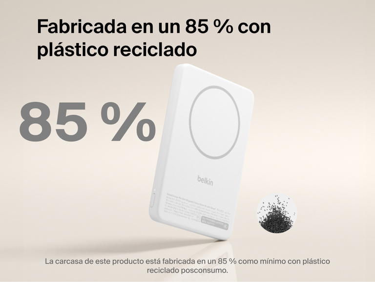 Belkin BoostCharge Slim Magnetic Power Bank 5K with Qi2 shown made with at least 85 percent post-consumer recycled plastic for a more sustainable portable charging solution.