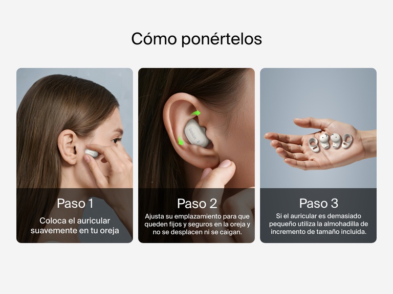 Belkin SoundForm Anywhere Wireless Earbuds with step-by-step guide showing how to wear and adjust for a secure, comfortable fit using size-up sleeves if needed.