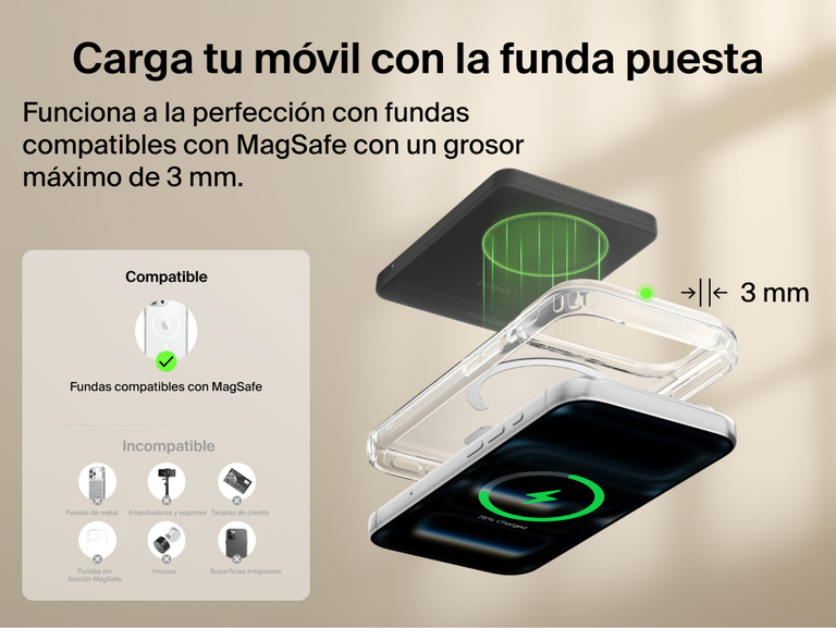 Belkin BoostCharge Slim Magnetic Power Bank 5K with Qi2 wirelessly charging a smartphone through a MagSafe-compatible case up to 3 mm thick for convenient everyday use.