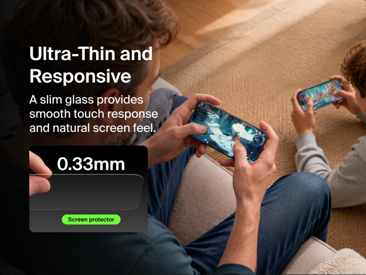 Adult and child gaming on smartphones with Belkin Titan SmartShield Pro Blue-to-Red Screen Protector featuring ultra-thin 0.33 mm glass for smooth touch response and natural screen feel.