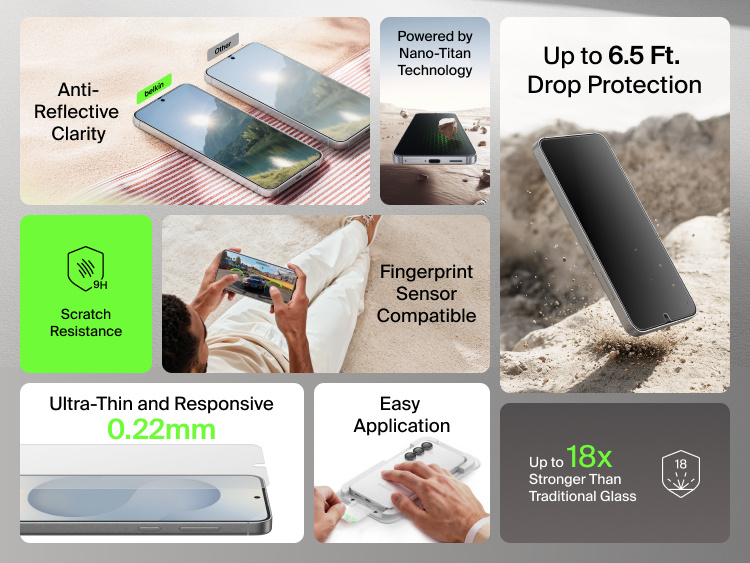 Belkin ScreenForce Titan SmartShield Anti-Reflective Screen Protector for Samsung Galaxy S26 highlighting 9H scratch resistance, up to 6.5 ft drop protection, fingerprint sensor compatibility, ultra-thin 0.22 mm design, easy application, and glare-reducing clarity.