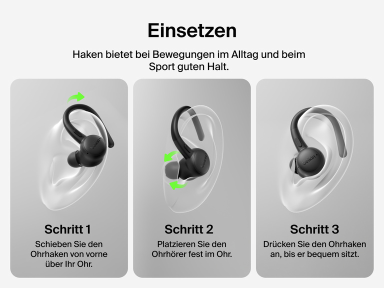 Belkin SoundForm ActiveFit Wireless Earbuds with secure hook design, shown in a step-by-step guide for wearing during workouts and daily use.