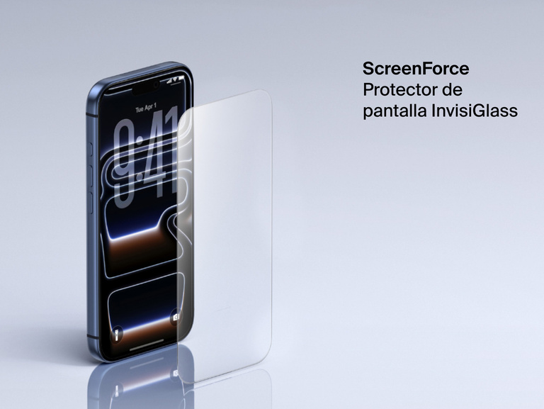 Se muestra el protector de pantalla ScreenForce InvisiGlass de Belkin sobre la pantalla de un iPhone. Se resalta por ofrecer una protecci&oacute;n resistente, clara y n&iacute;tida.