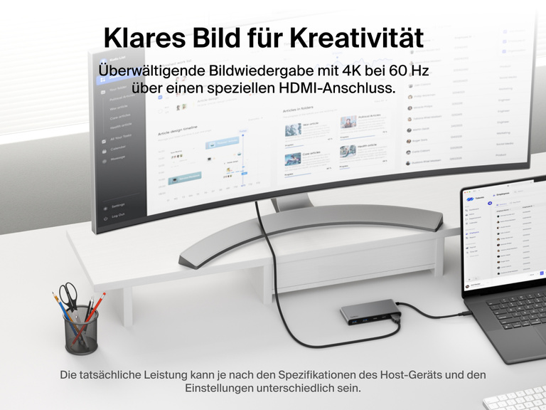 Belkin Connect 7-Port USB-C Hub with Dual USB-C Ports connected to a laptop and monitor delivering 4K@60Hz visuals via HDMI.