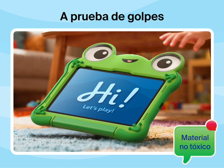 Disney Toy Story 5 Lilypad Case for iPad 10th and 11th Gen placed on carpet with tablet displaying &ldquo;Hi! Let&rsquo;s play!&rdquo; highlighting shock absorbing design and nontoxic material