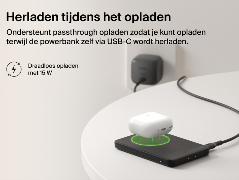 Belkin BoostCharge Slim Magnetic Power Bank 5K with Qi2 demonstrating pass-through charging, wirelessly powering a device while the power bank recharges via USB-C.