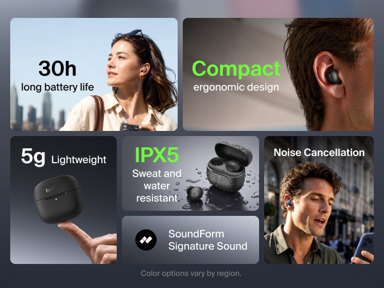 SoundForm Dot ANC Noise-Cancelling Earbuds feature grid highlighting 30-hour battery life, a lightweight 5g earbud, compact ergonomic design, IPX5 sweat and water resistance, noise cancellation, and SoundForm Signature Sound