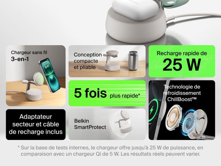 Station de recharge aimantée 3-en-1 Belkin UltraCharge Pro avec Qi2 (25 W) dotée de la recharge sans fil rapide, du refroidissement actif ChillBoost™ et d'un design compacte et pliable pour iPhone, Apple Watch et AirPods.