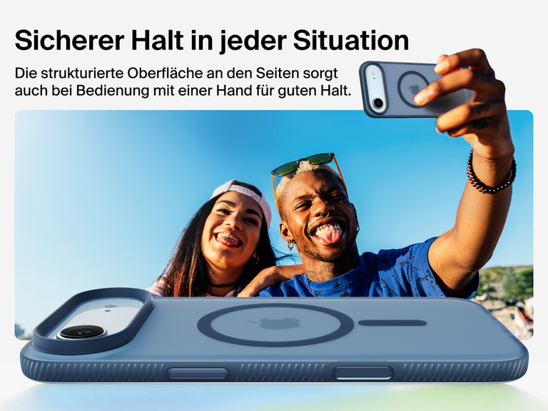 Belkin SheerForce Grip Series Case for iPhone 17 with military-grade drop protection and textured non-slip grip.