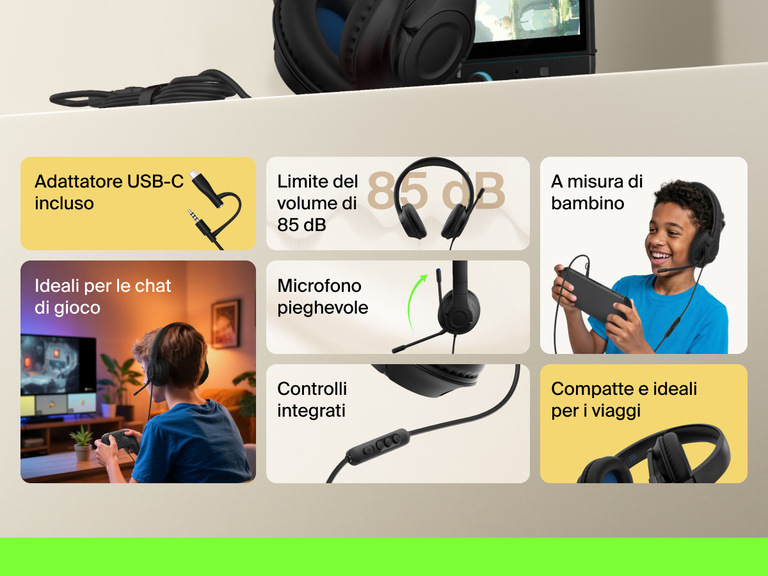 Callout delle funzionalità delle cuffie con filo e microfono Inspire per Nintendo Switch 2 Belkin Gaming, che evidenziano le dimensioni a misura di bambino, il limite del volume di 85 dB, il design pieghevole, il microfono integrato, la compatibilità con la chat vocale, il cavo USB-C incluso e il design compatto ideale per i viaggi.