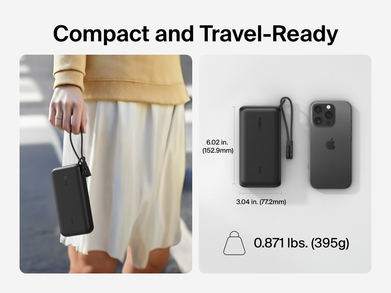 Belkin BoostCharge Power Bank 20K with Display shown in hand and next to a smartphone to highlight its compact, travel-ready design with dimensions of 6.02 x 3.04 inches and a lightweight build of 0.871 lbs (395g).