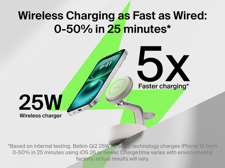 Belkin UltraCharge Pro 3-in-1 Magnetic Charging Dock with Qi2 25W delivers wireless charging as fast as wired, powering iPhone up to 50% in 25 minutes.