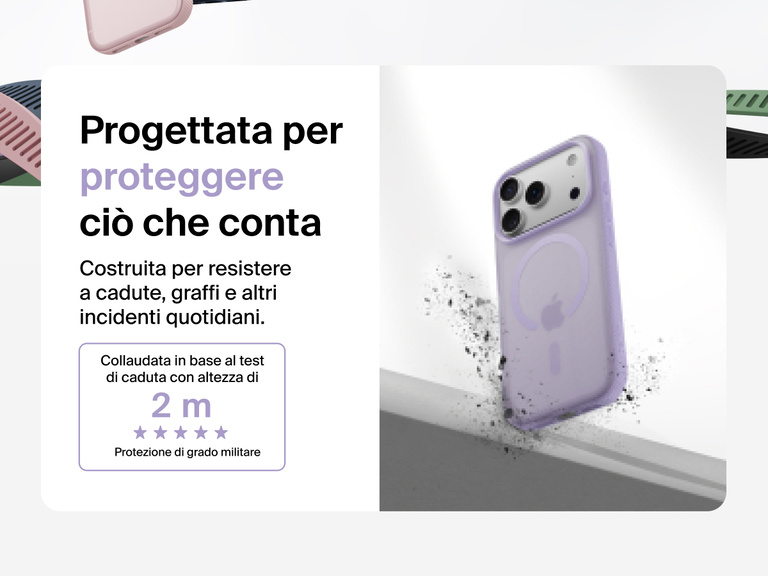 Belkin SheerForce Grip Series Case for iPhone 17 shown with textured grip and impact protection against drops.