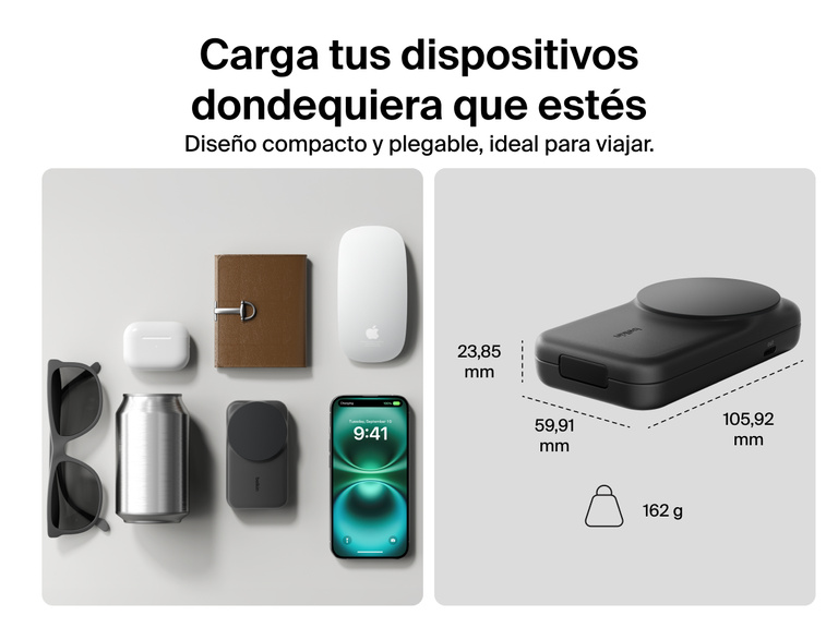 Se muestra el diseño compacto y portátil del cargador magnético plegable 2 en 1 con Qi2 25W Belkin UltraCharge. Pesa tan solo 162 gramos y sus dimensiones son ideales para cargar dispositivos sobre la marcha en cualquier parte.