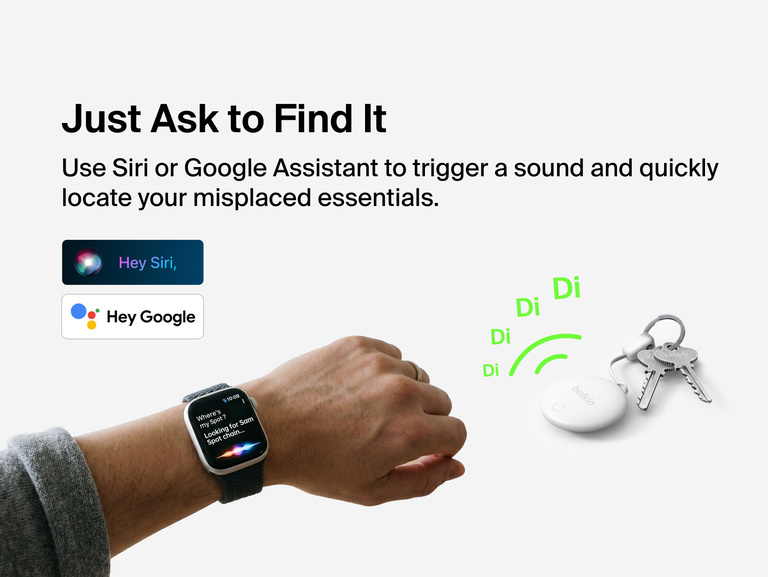 Belkin SureFind Spot attached to keys can trigger a sound using Siri or Google Assistant to help locate misplaced essentials.
