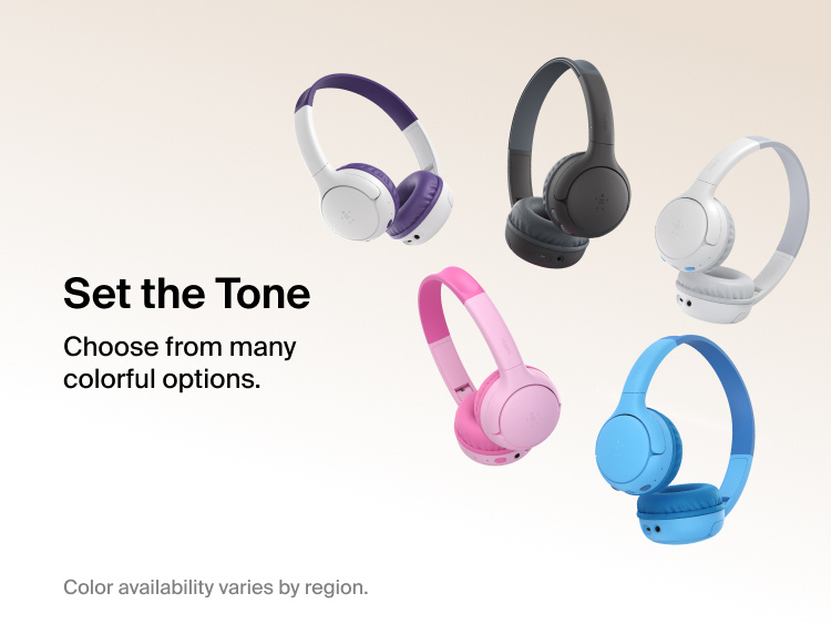 SoundForm Mini 2 Wireless On-Ear Headphones for Kids displayed in five available color options against a neutral background, with on-image text reading Choose from many colorful options
