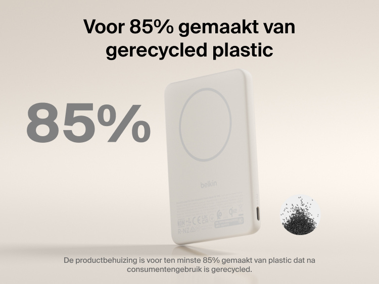 Belkin BoostCharge Slim Magnetic Power Bank 5K with Qi2 shown made with at least 85 percent post-consumer recycled plastic for a more sustainable portable charging solution.
