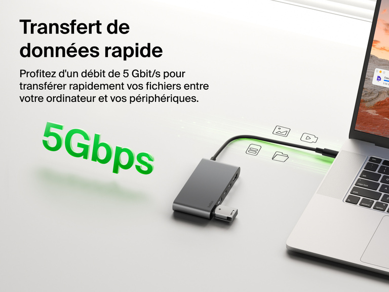 Belkin Connect 5-Port USB-C Hub with Dual USB-C Ports enables high-speed data transfer up to 5Gbps between laptop and connected devices.