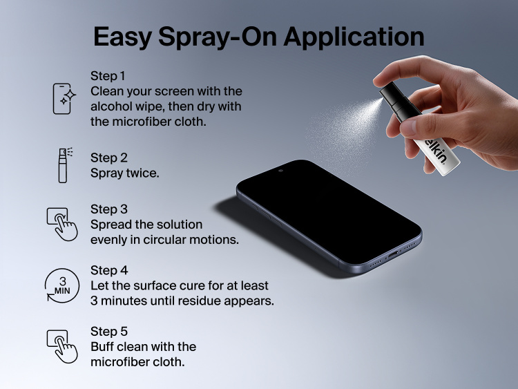 Belkin ScreenForce Titan LiquidGuard Screen Protector spray being applied to a smartphone with step-by-step spray-on installation for durable liquid screen protection.