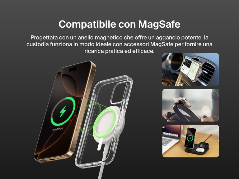 A promotional image showcasing the SheerForce™ Magnetic iPhone Case's MagSafe compatibility. The image highlights how the case securely attaches to MagSafe accessories, including car mounts, phone stands, and wireless charging docks, ensuring a seamless and efficient charging experience. The transparent case features a built-in magnetic ring for a strong connection to MagSafe-enabled devices.