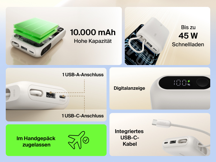 Belkin UltraCharge 10K power bank with 45W fast charging, integrated USB-C cable, digital display, USB-A and USB-C ports, and TSA carry-on approved design.
