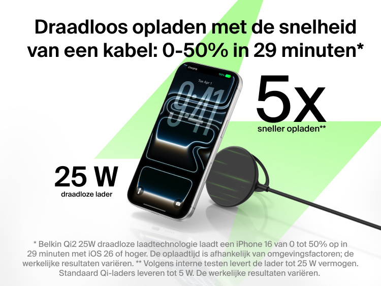 Afbeelding van een Belkin UltraCharge magnetische lader met Qi2 25W, die een smartphone draadloos van stroom voorziet, waarmee de hoge laadsnelheid ge&iuml;llustreerd word: van 0&ndash;50% in 29 minuten.