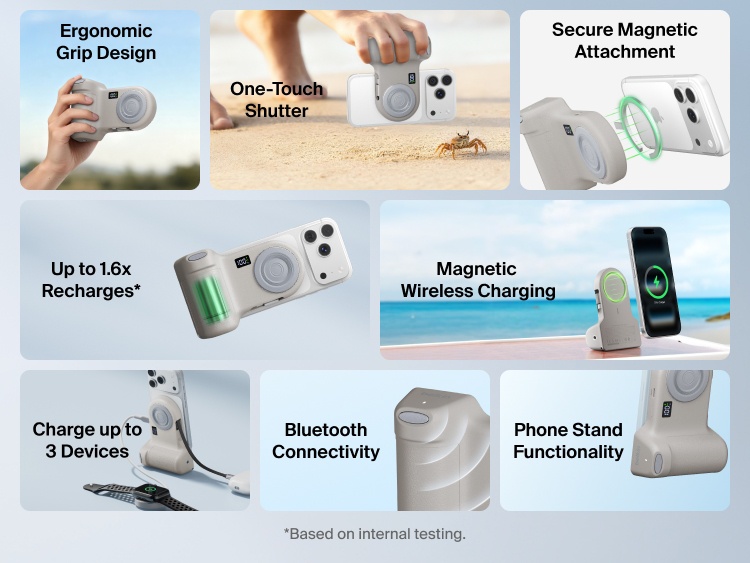 Belkin Stage PowerGrip shown in multiple lifestyle and product views highlighting ergonomic grip design, magnetic wireless charging, Bluetooth connectivity, phone stand functionality, and ability to charge up to three devices.