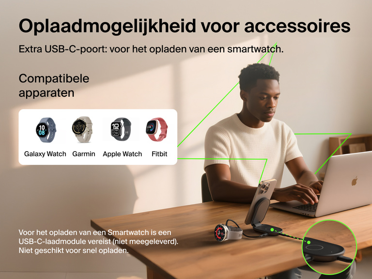 Afbeelding van de Belkin UltraCharge 2-in-1 uitklapbare magnetische lader met Qi2 25W tijdens het opladen van een iPhone en smartwatch via de extra USB-C-poort, compatibel met Apple Watch, Galaxy Watch, Garmin en Fitbit.