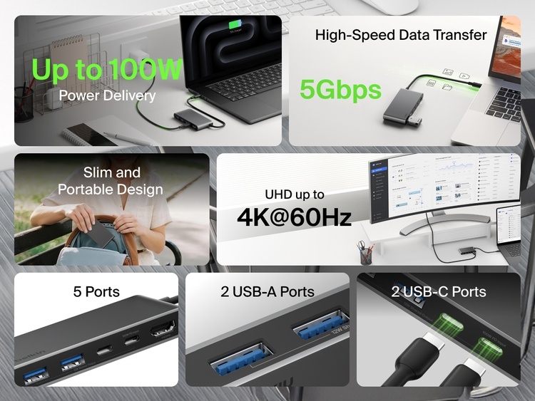 Belkin Connect 5-Port USB-C Hub with Dual USB-C Ports featuring 4K@60Hz display, 100W power delivery, 5Gbps data transfer, 2 USB-C and 2 USB-A ports, in a slim and portable design.