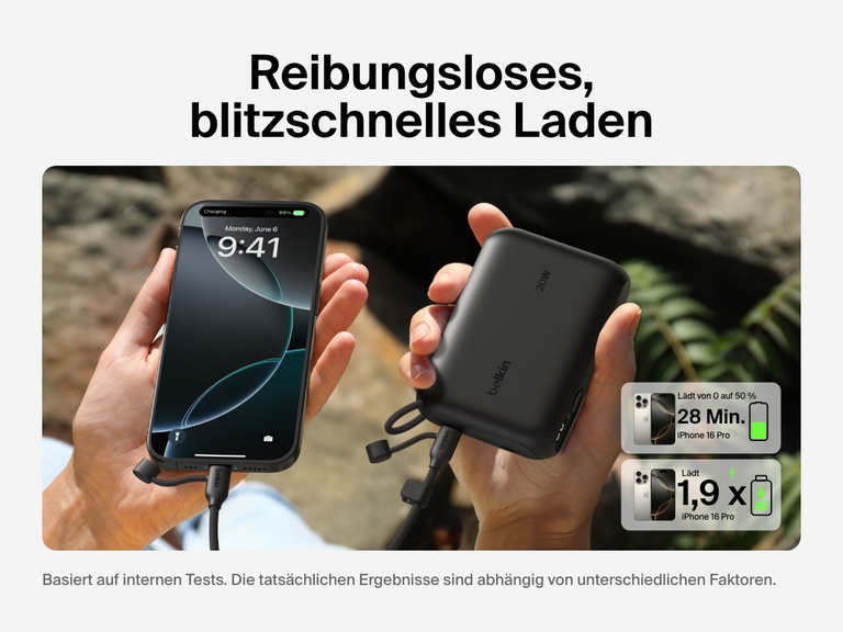 Die Belkin BoostCharge Powerbank 10K mit Display wird gezeigt, die ein Schnellladen mit 20 W ermöglicht und ein iPhone 16 Pro in 28 Minuten von 0 auf 50 % auflädt und damit bis zu 1,9 vollständige Aufladungen liefert.