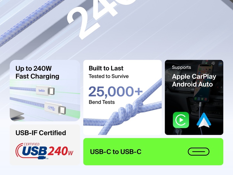 최대 240W 고속 충전, 25,000회 이상의 꺽임을 견디는 내구성, Apple CarPlay 및 Android Auto 지원, USB-IF 인증을 갖춘 Belkin BoostCharge USB-C to USB-C 케이블 240W를 소개하는 인포그래픽.