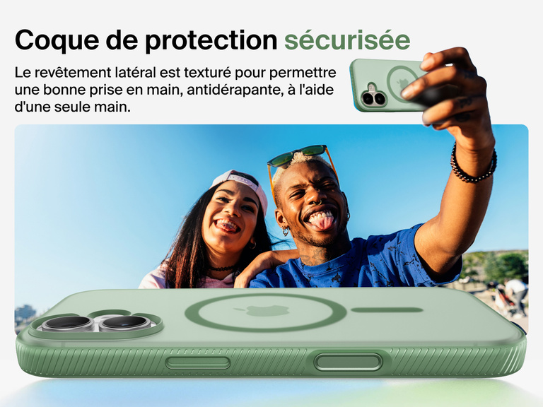 Belkin SheerForce Grip Series Case for iPhone 17 with military-grade drop protection and textured non-slip grip.