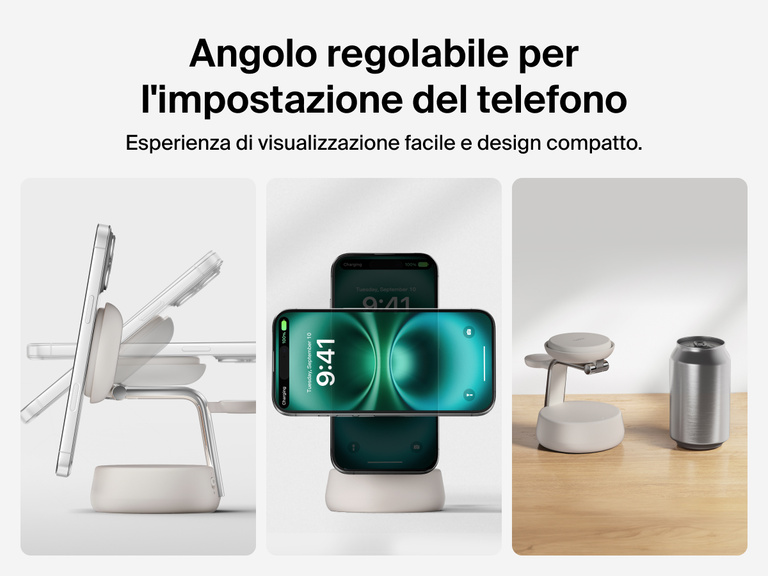 Il dock di ricarica magnetica 3 in 1 con Qi2 da 25 W Belkin UltraCharge Pro vanta un angolo di visualizzazione regolabile per il telefono e un profilo compatto e salvaspazio.